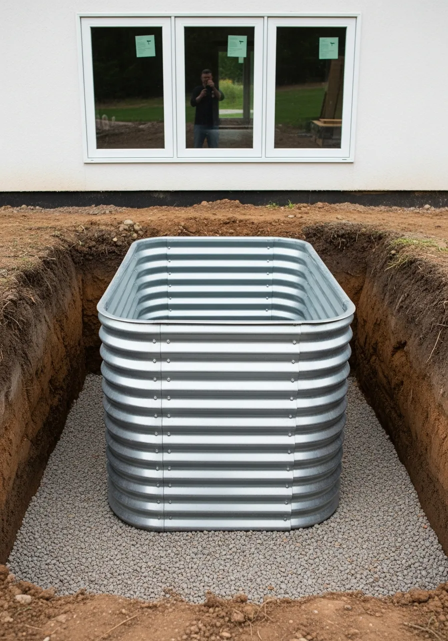 Corrugated steel egress window well set in a fresh excavation against a home basement foundation