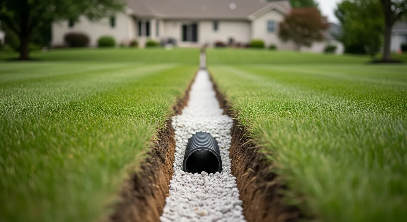 A gravel-filled French drain trench with perforated pipe running across a green backyard