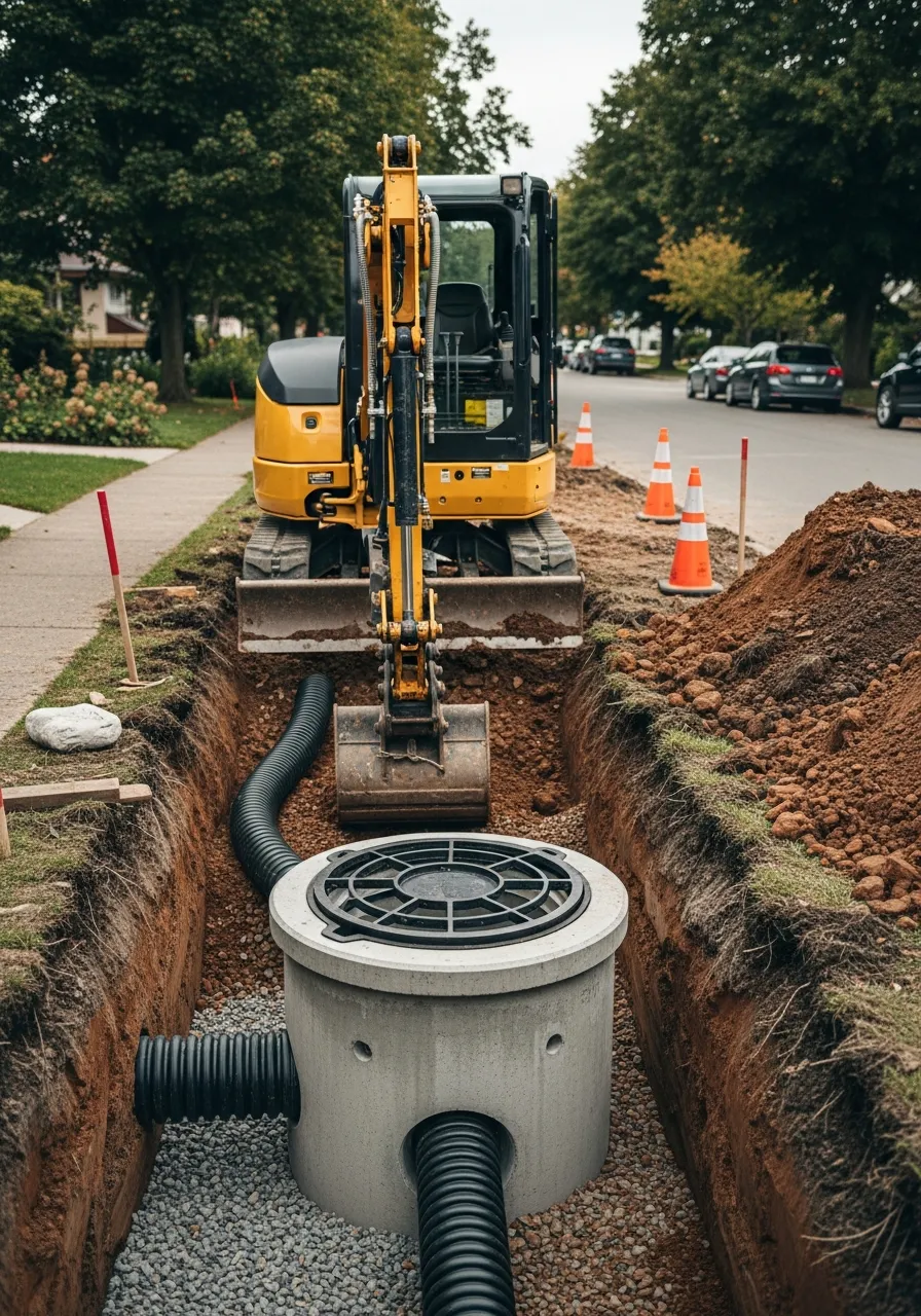 Mini excavator setting a precast manhole and drainage pipe in an open trench