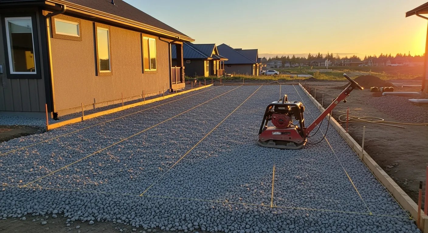 A compacted gravel base graded and string-lined, ready for a concrete driveway pour
