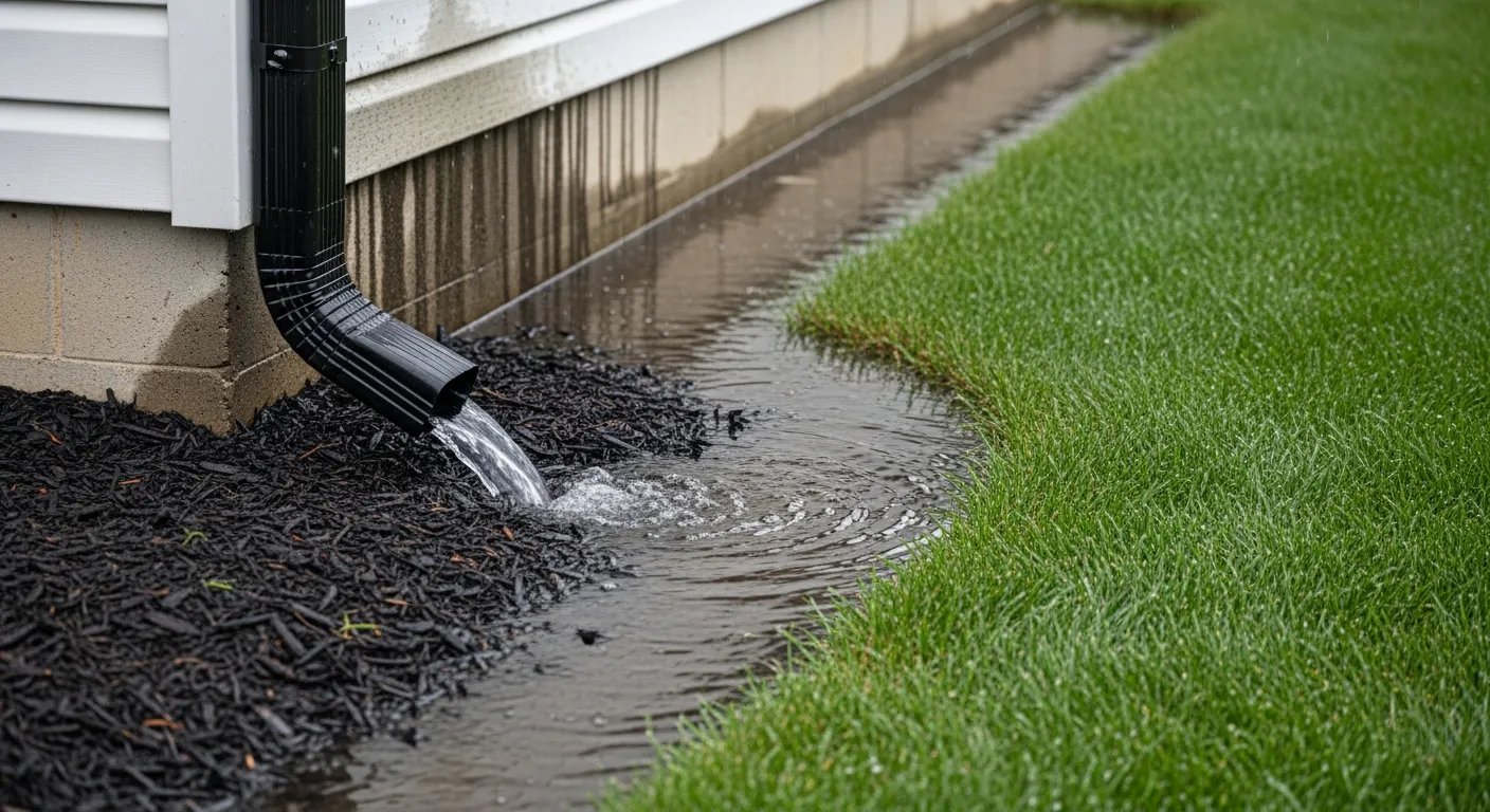 Rainwater pooling against a home foundation near a downspout in a residential yard