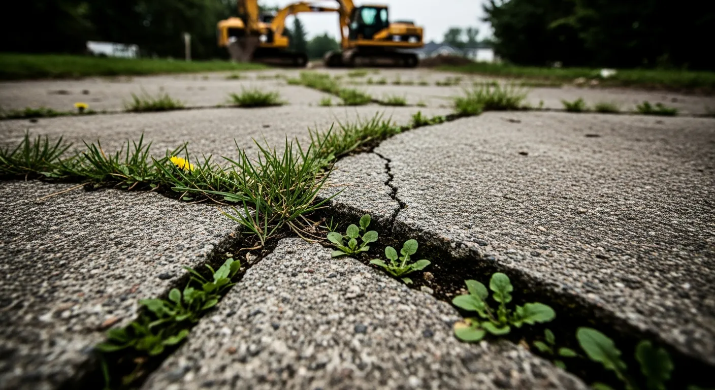 A badly cracked old concrete driveway with weeds growing through the cracks